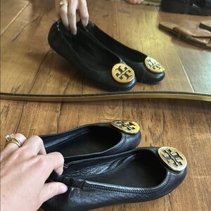 Tory Burch Black and Gold Leather Flats